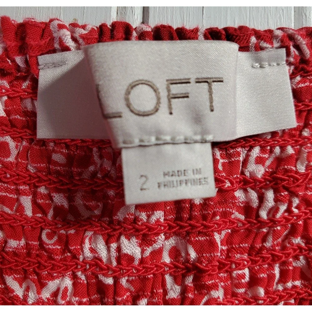 WOMENS LOFT RED HEART PRINT CINCHED SWEATHEART NECKLINE BLOUSE SIZE 2‎